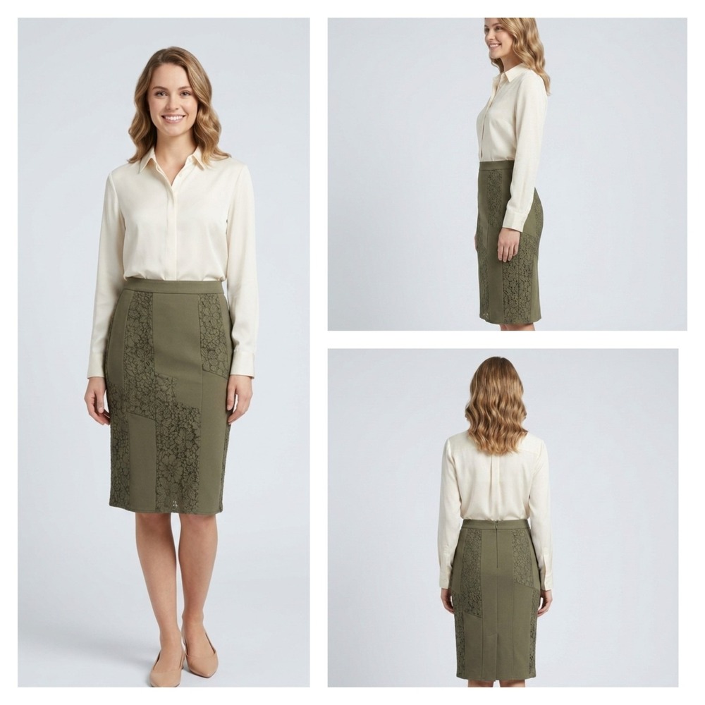 Kaman Bell Straight & Pencil Skirt Womens S Green Floral Lace Panel Flat Front